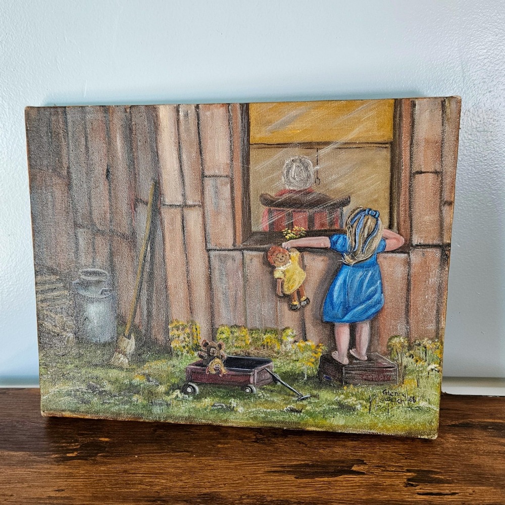Glenna Welch Vtg 1986 Signed Oil Painting Girl with Doll Wagon 11x14 Folk Art